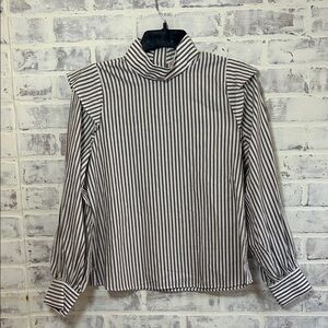Everlane Women's 00 Blouse The Wing Mock Neck L/S Top Brown Stripe Career Cotton